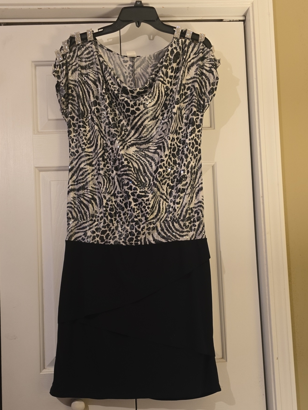 Black and White Animal-Print Pencil Skirt Dress with Embellished Shoulders